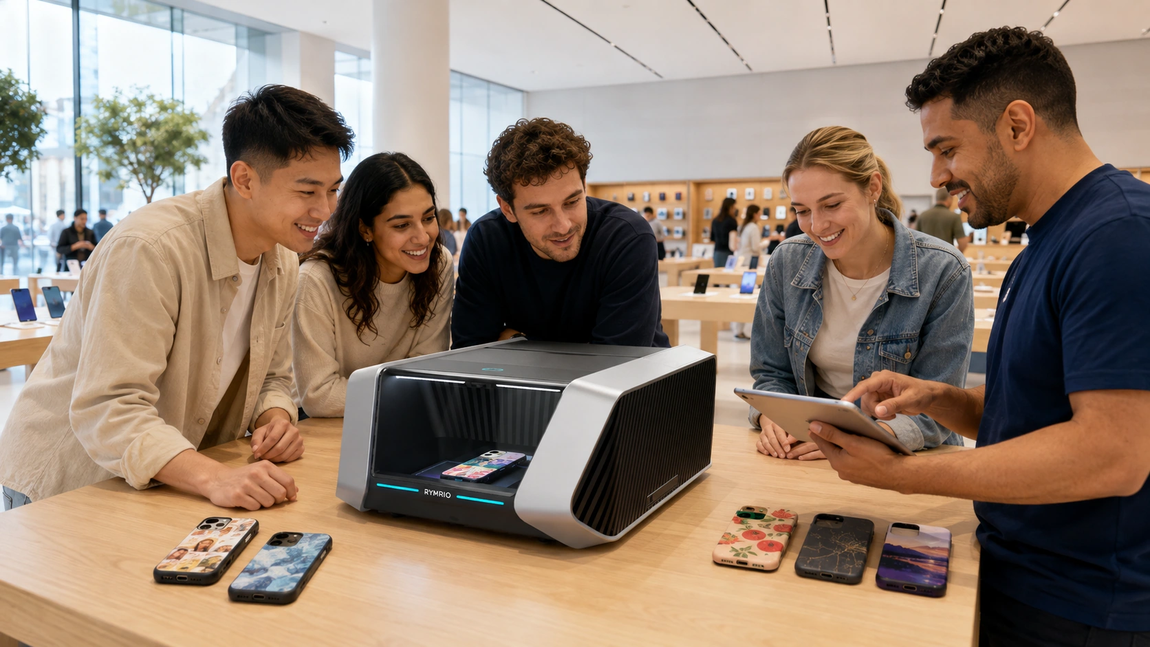 Retail concept showing customers watching a RYMRiO phone-case printing demonstration in a flagship-style smartphone store