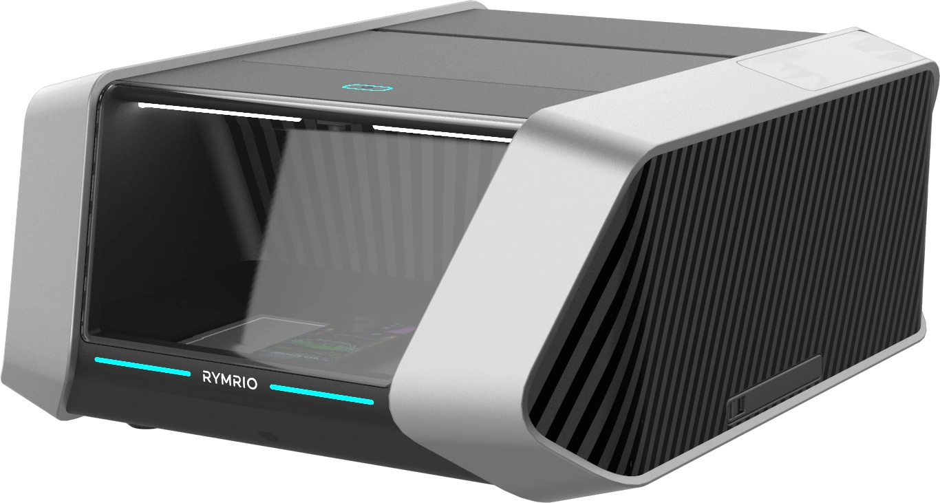 Three-quarter view of the silver and black RYMRiO desktop printer
