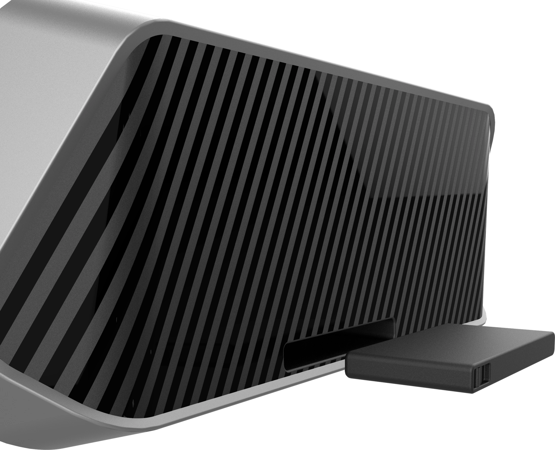 Detail of the ribbed side panel, silver frame, and access cover