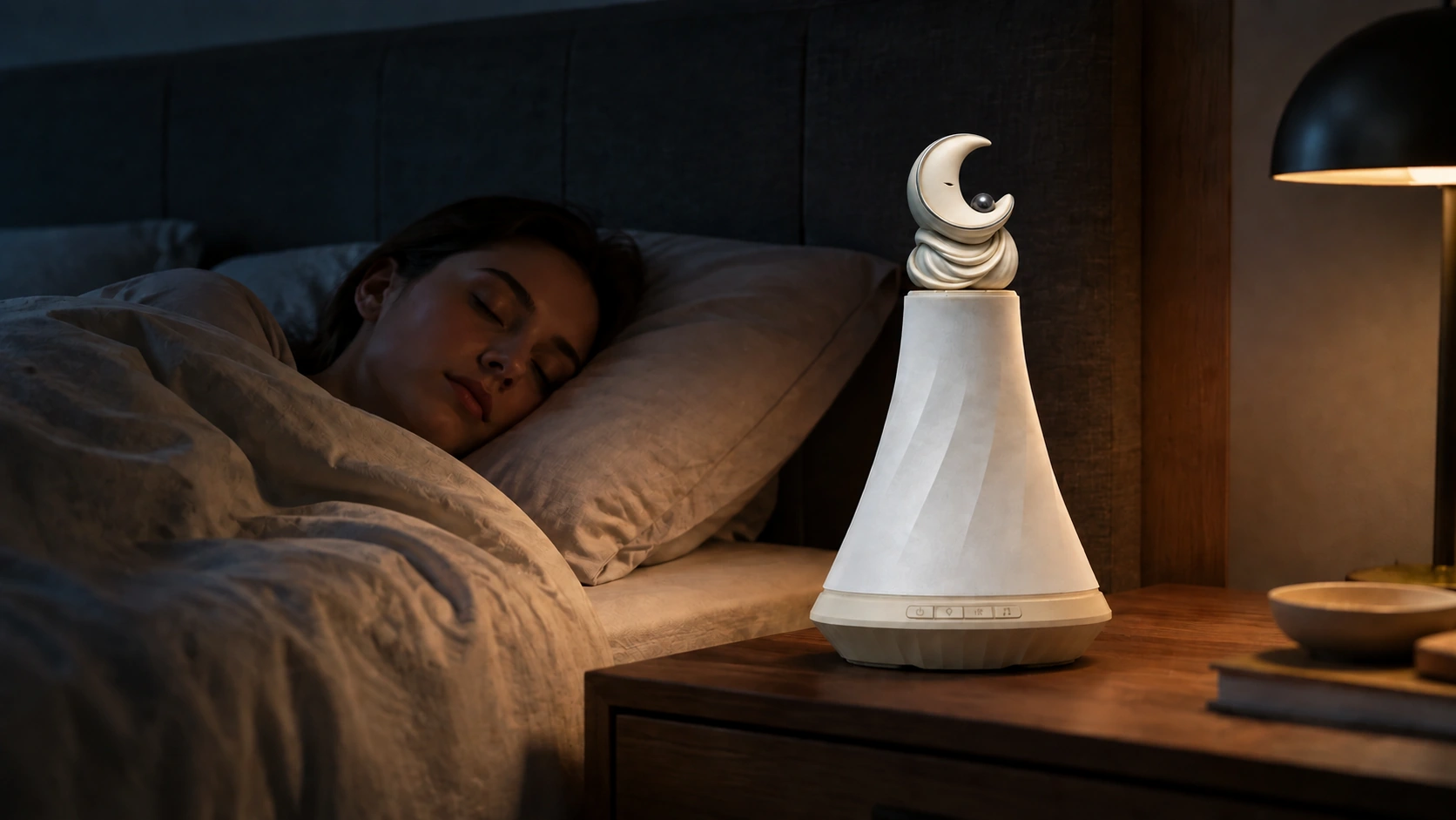 Sleep-sensing concept with soft radar waves from the Moonfold figurine toward the sleeper and a breathing rhythm display